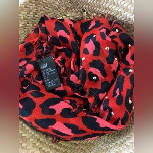 H&M Red Leopard Print Scarf with Gold Stud Embellishments - EUC